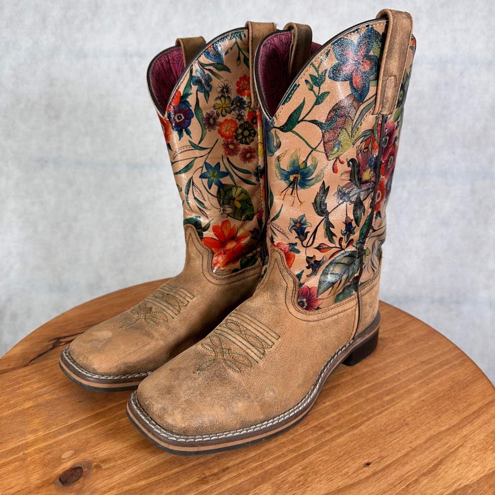 Smoky Mountain Boots 6024 Western Womens 5.5 M Tan Floral Good Square Toe Boot